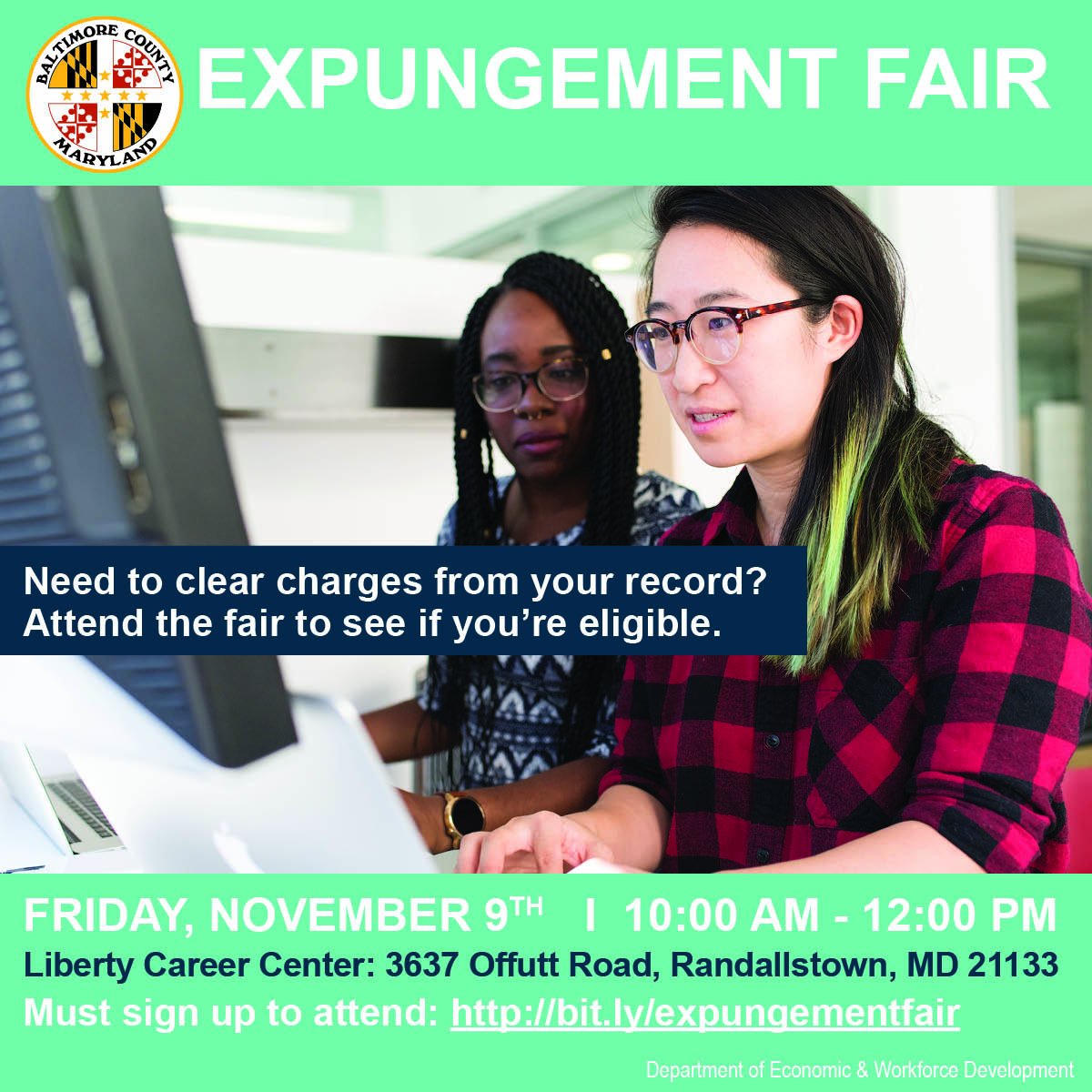 BaltCoGov's tweet photo. #BaltCoDEWD & @MDLegalAid are hosting a FREE Expungement Fair on Nov. 9 from 10AM-12PM in #Randallstown. This event is open to anyone facing barriers in career advancement because of their criminal record. You must register here https://t.co/XvvwpEh30j to attend. #JobConnector https://t.co/orkvLLCAXl