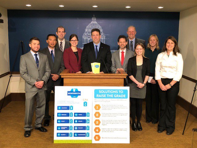 ASCEGovRel's tweet photo. Today's release of the 2018 Report Card for Minnesota's #Infrastructure took place at the Minnesota State Capitol. Speakers included @AGCofMN CEO Tim Worke, @CityofRichfield Mayor Pat Elliott, Representative @DUrdahl, Rep Alice Hausman, &amp; Senator @ScottDibble. #ASCEMNReportCard https://t.co/BIvYBsY07i