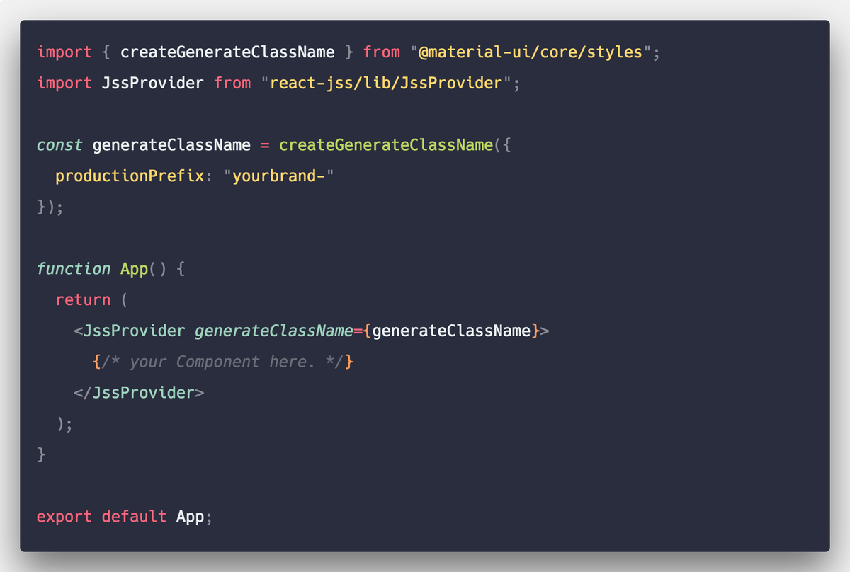 thevarunraja's tweet photo. Folks who are using @MaterialUI or react-jss you can prefix your class names(instead of jss-12 as your class name, you can have yourbrand-12). That's a cool feature you can use. It's documented in https://t.co/D0gkBc3TVF #reactjs #reactjss #cssinjs https://t.co/HvwVQWvLID