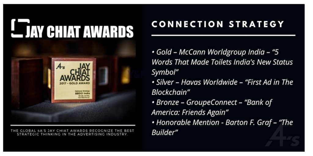 4As's tweet photo. #4AsJCA
Global Connection Award Winners:
•Gold – @McCann_WW India – “5 Words That Made Toilets India's New Status Symbol”
•Silver – Havas Worldwide – “First Ad in The Blockchain”
•Bronze – GroupeConnect – “BOA: Friends Again”
•Honorable Mention - @BartonFGraf – “The Builder” https://t.co/etrrGSEzmS