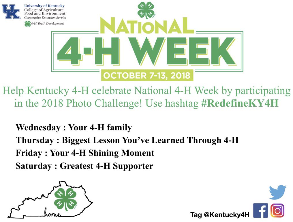 The 2018 National 4-H Week photo challenge starts tomorrow! Share your pictures with the hashtag #RedefineKY4H and make sure to tag <a href="/KY4H/">Kentucky 4-H</a>