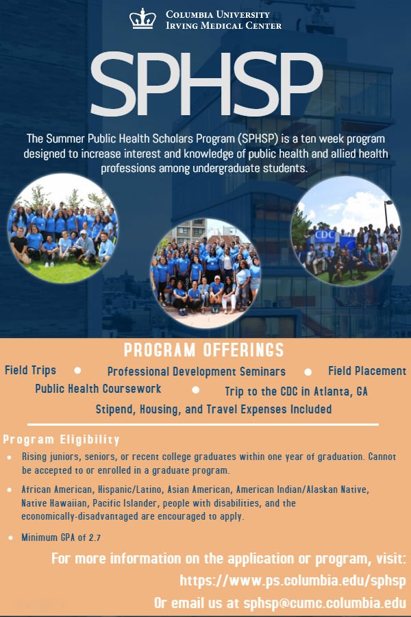 ColumbiaSPHSP's tweet photo. If you are interested in applying to SPHSP for Summer 2019, applications open November 1st! Go online to https://t.co/aNEgBGngHo to apply! Please share with your networks! https://t.co/RJwcszUoG3