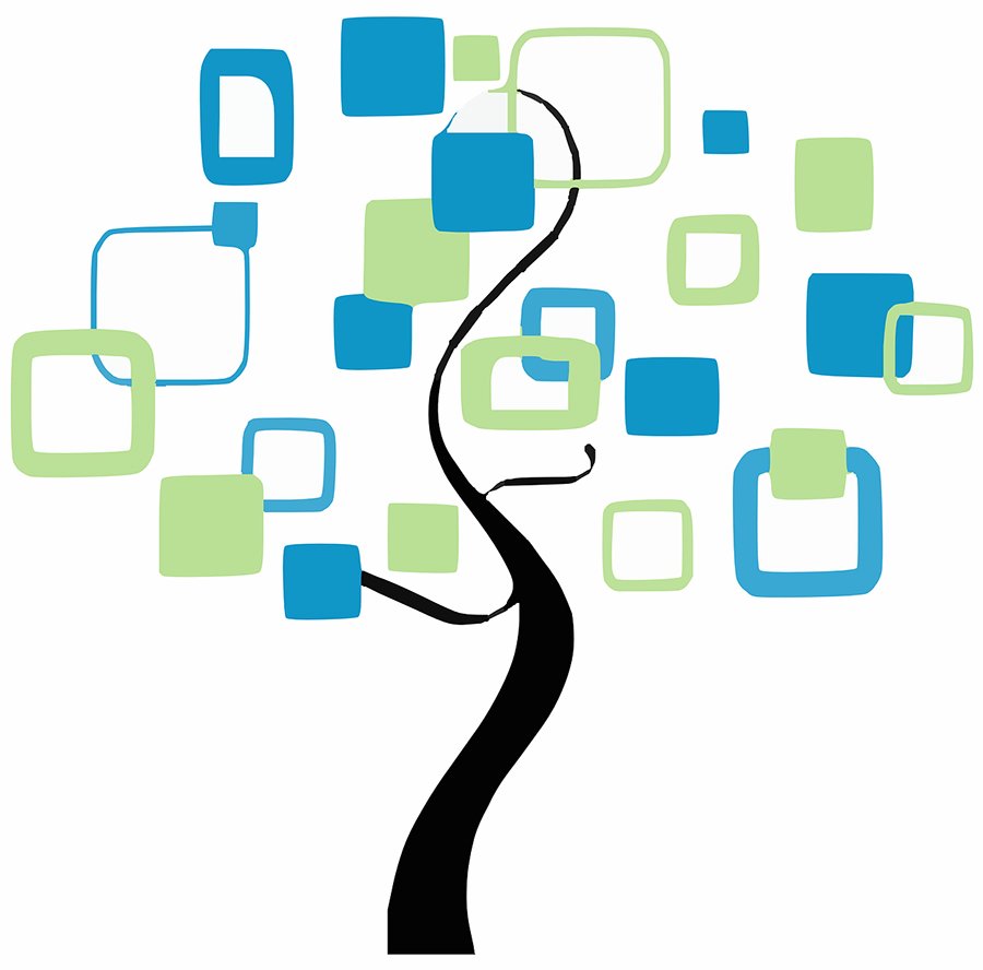 a stylized picture of a family tree with green and blue outlined blocks for leaves.