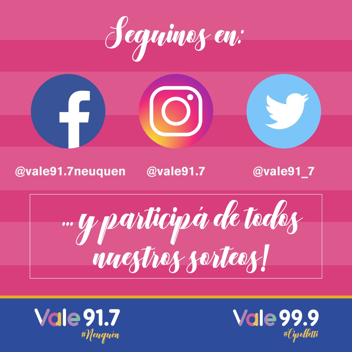 Vale91_7's tweet photo. ¿Que sorteo estas esperando? 🤔
Seguinos bien de cerca en nuestras redes y entérate como participar💋
#ValeNeuquen #ValeCipolletti #SentiMusica #ViviMusica #BuenMartes #ValeConTodo # https://t.co/ltDxExvwh2