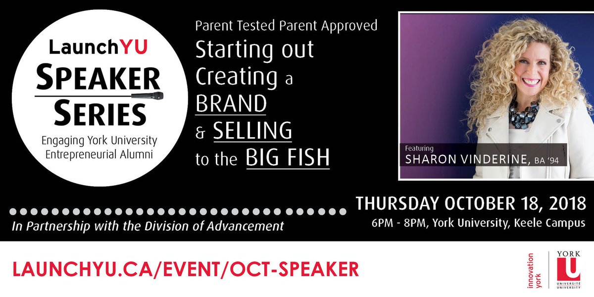 YorkUAlumni's tweet photo. Entrepreneurial dreams? Join us along with #YorkU alumna and guest speaker Sharon Vinderine (BA ’94), Founder + CEO of Parent Tested Parent Approved @PTPA, on Oct. 18 for her #LaunchYU talk: Starting Out, Creating a Brand & Selling to the Big Fish https://t.co/H9Rh6h4GqW https://t.co/2soPHWLq3h