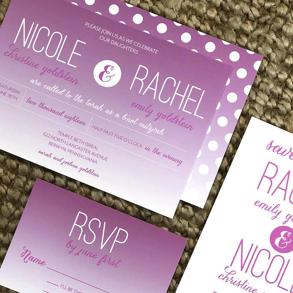 Purple ombre and polkadots for this b'not mitzvah invitation suite. Find KD8116IN in our Mitzvah album. 💜#kramerdrive #invitations #stationery #stationeryaddict #partystyling #paper #bnotmitzvah #mitzvah #mitzvahinvitation #mitzvahplanning