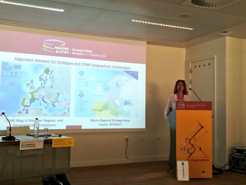 Atlantic_Arc's tweet photo. .@CPMR_Europe Gen Sec @EMarianou in #EURegionsWeek workshop on #macroregion & #seabasin strategies. Her messages : consistency between different initiatives, role of #smartspecialisation, bigger #Interreg transnational programmes, push for emerging strategies https://t.co/Tf5DEF32K1
