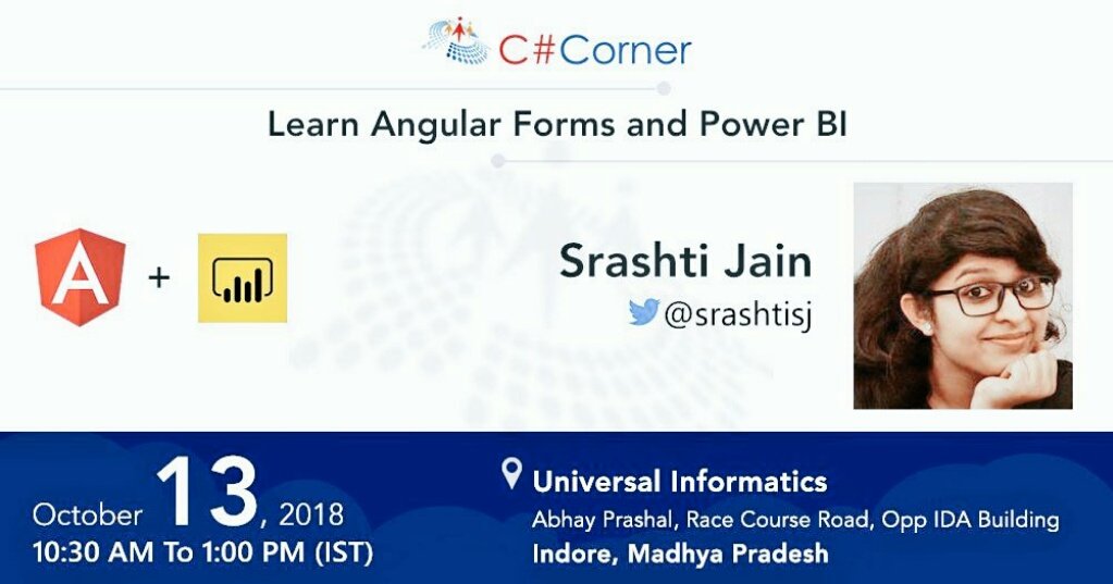 NandanSingh44's tweet image. Learn #Angular Forms by @srashtisj at @CsharpCorner Indore Chapter Meet! Register now: goo.gl/z2CNWE #AngularForms https://