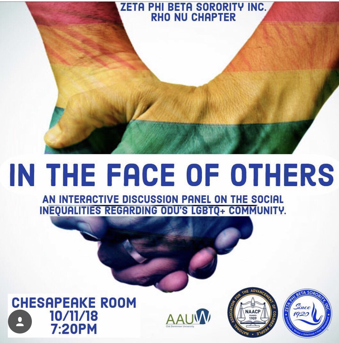 NAACP_ODU's tweet photo. “In the face of others”, we have partnered with @rhonu_zetas and @aauw_odu to have an interactive panel discussion regarding inequalities of ODU LGBTQ+ community. October 11th, Chesapeake room, 7:20pm! See you there! https://t.co/bqytkMBMn8