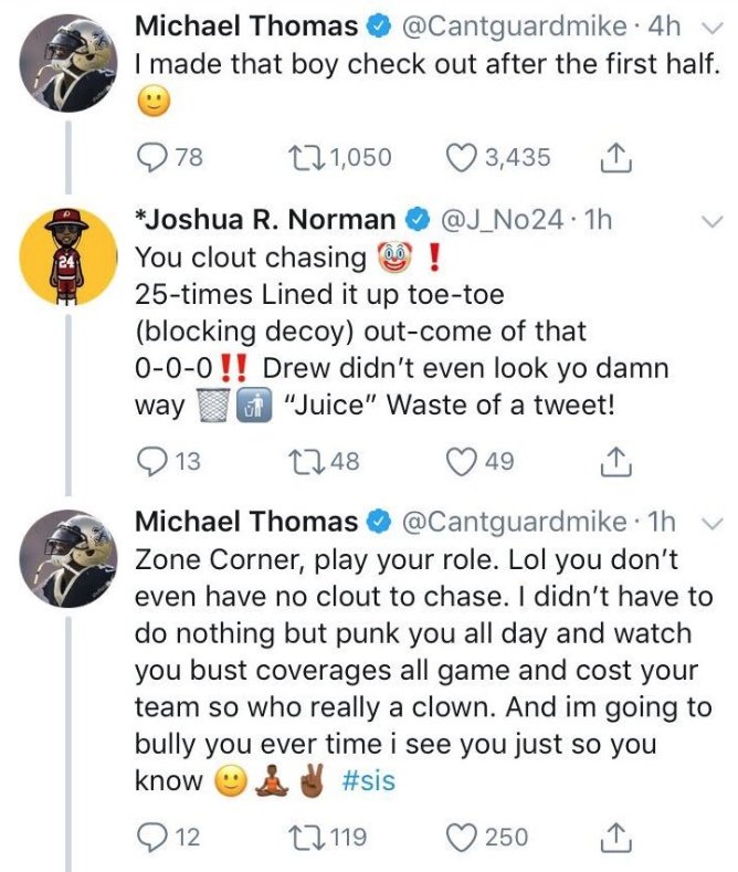 BleacherReport's tweet photo. Michael Thomas and Josh Norman went at it after last night's game 👀

(h/t @NFL_DovKleiman) https://t.co/RE2SJL3vyt