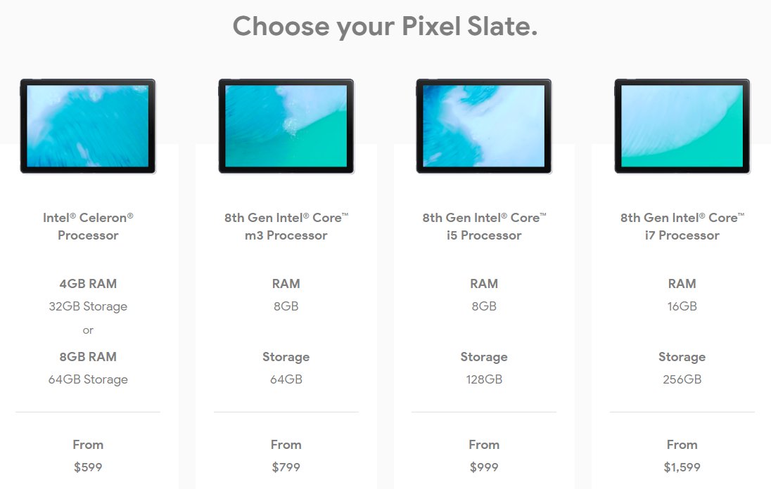 Tomasthanes's tweet image. Here&apos;s a summary of the Pixel Slate prices from the #MadeByGoogle event this morning (plus $200 for the keyboard and $100 for the pen). #PixelSlate  store.google.com/us/product/pix…