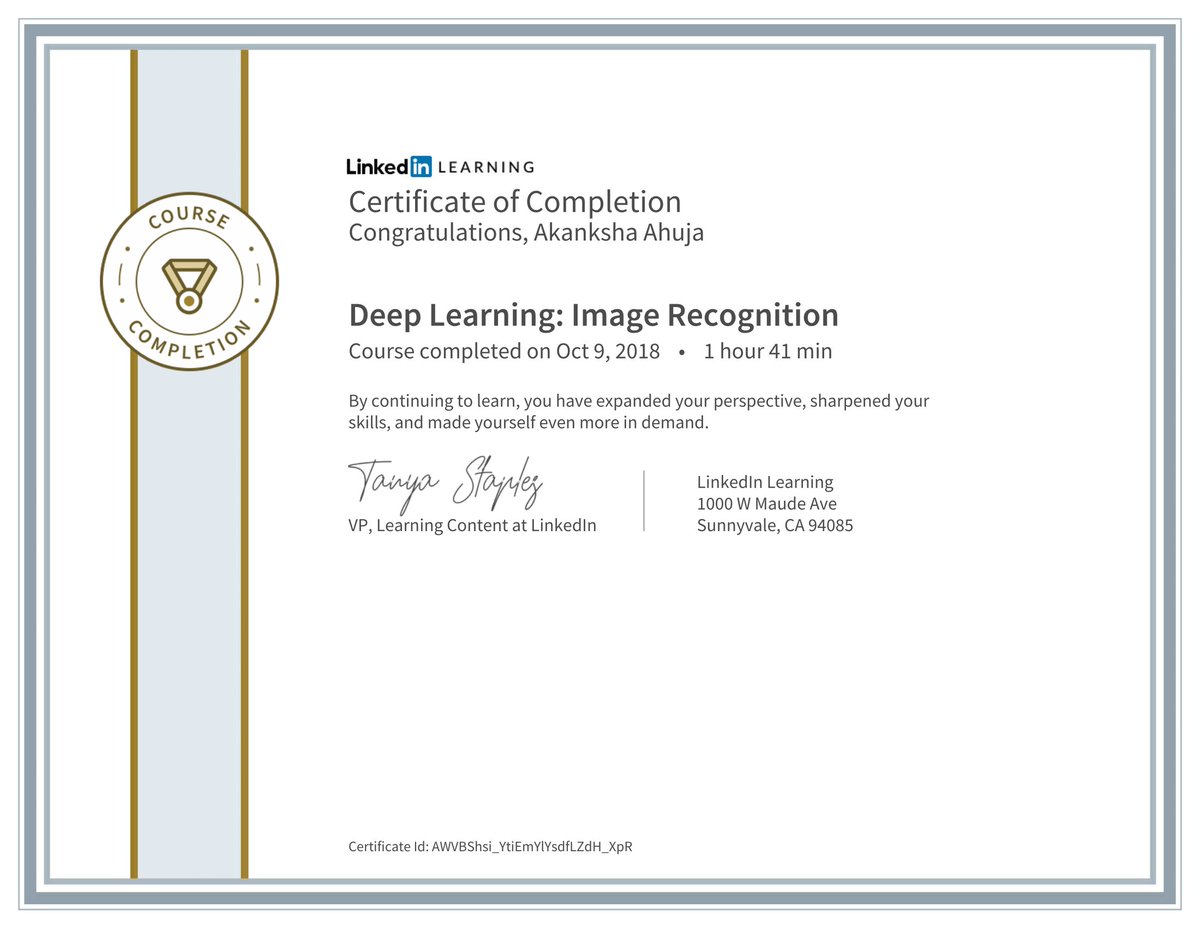 Akanksha_Ahuja9's tweet photo. Amazing, I was hooked onto this course. Looking for a refresher in Deep Learning, I started this when I found it in my inbox (#machinelearningisfun) but I really didn't know this was "the one". Thank you @ageitgey. Great work. First certificate @LI_Learning. https://t.co/9fbx8V5gc7