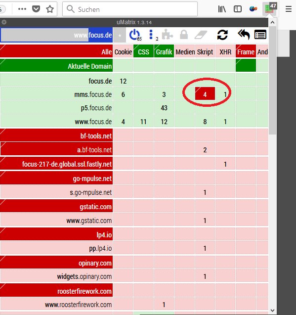 2e9c811af8750c5's tweet image. Mit @focusonline nervt mal wieder ein Newsportal darum, dass wir doch bitte für ihn den #adblocker anpassen und das Risko von Infektionen eingehen. Die Branche lernt dazu und liefert die Scripte über eigene Server aus, die man aber hier auch getrost #µmatrix aussperren kann.