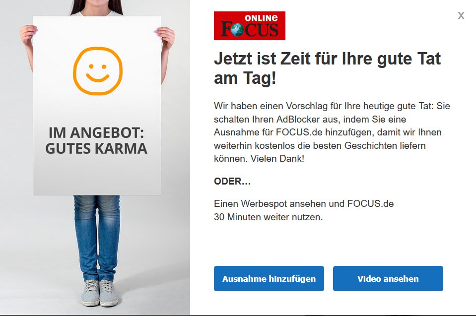 2e9c811af8750c5's tweet image. Mit @focusonline nervt mal wieder ein Newsportal darum, dass wir doch bitte für ihn den #adblocker anpassen und das Risko von Infektionen eingehen. Die Branche lernt dazu und liefert die Scripte über eigene Server aus, die man aber hier auch getrost #µmatrix aussperren kann.
