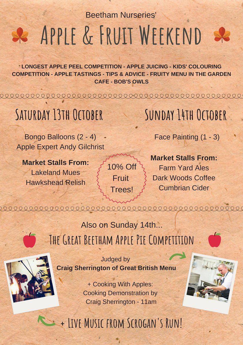 Our annual Apple &amp; Fruit Weekend returns for two days of fruit filled fun! Pop on down &amp; enjoy live music, fruit tastings, local food &amp; drink + more. Craig Sherrington will also be judging our Apple Pie competition - more info here: bit.ly/2opPqVO #GBM #Cumbria