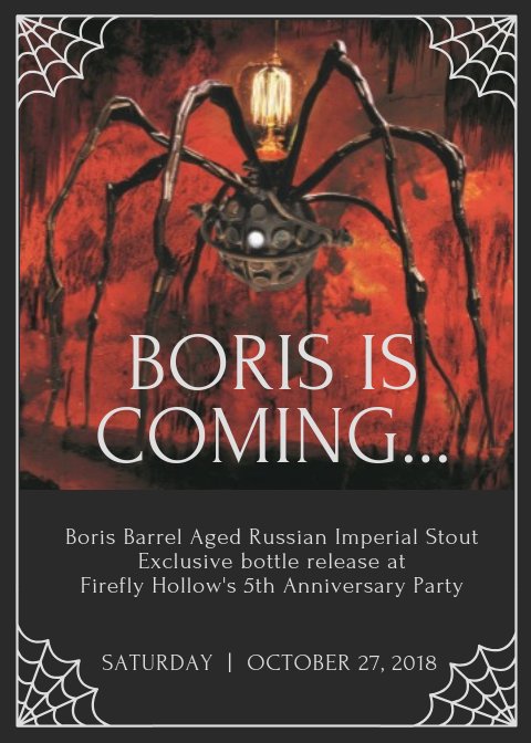 Our award winning Russian Imperial Stout, Boris, makes its 2018 debut at our Anniversary on October 27th. Sip on a glass of Boris while enjoying music from The Mushroom Cloud and eating J Timothy's awesome food. But, you need a ticket to attend: ow.ly/AHfU30ma7qQ
