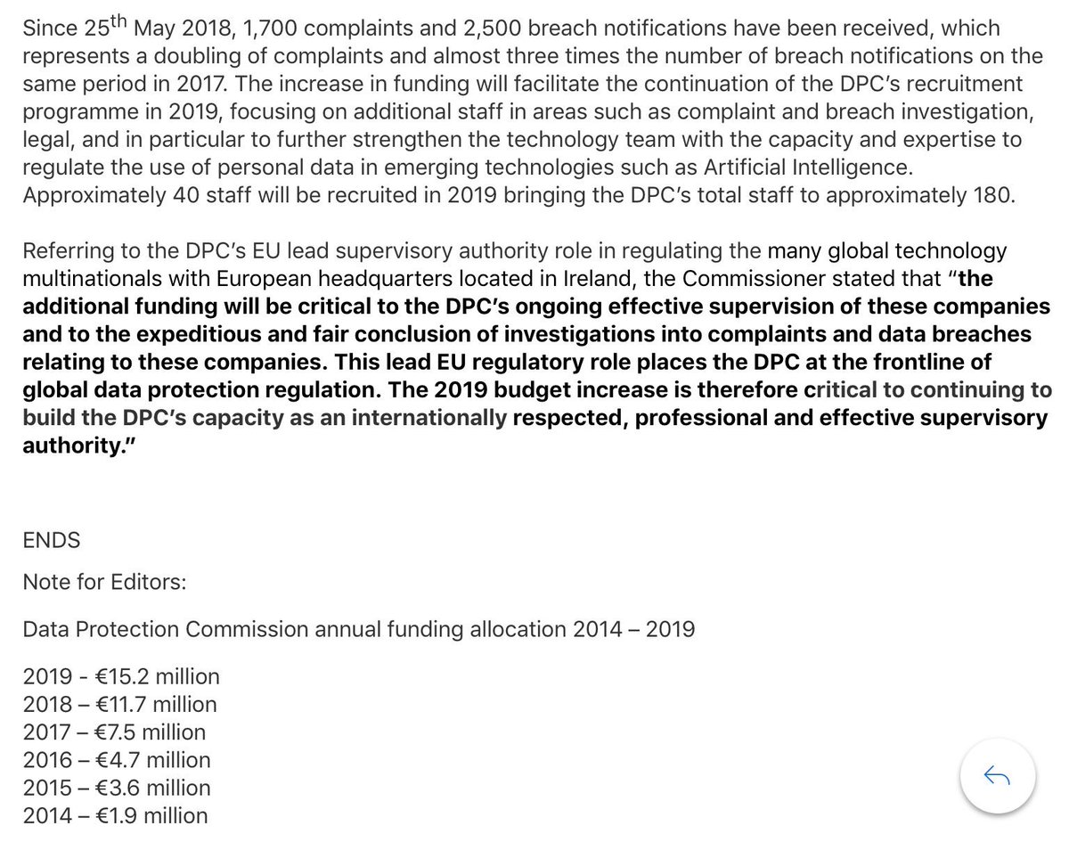 €3.5m extra for <a href="/DPCIreland/">Data Protection Commission Ireland</a> in 2019. Total annual funding now €15.2m. Additional funding will allow for further significant recruitment of approx 40 staff bringing number of staff to approx 180. Further detail available at bit.ly/2Pq2xSv  #dataprotection #eudatap