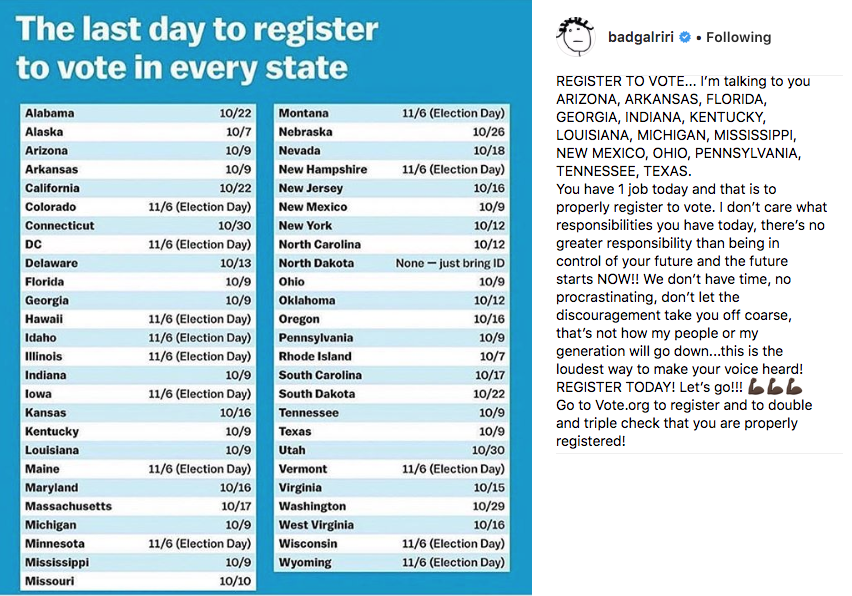 ajplus's tweet photo. Rihanna: "You have 1 job today and that is to properly register to vote." https://t.co/sgL8Z4f2CX