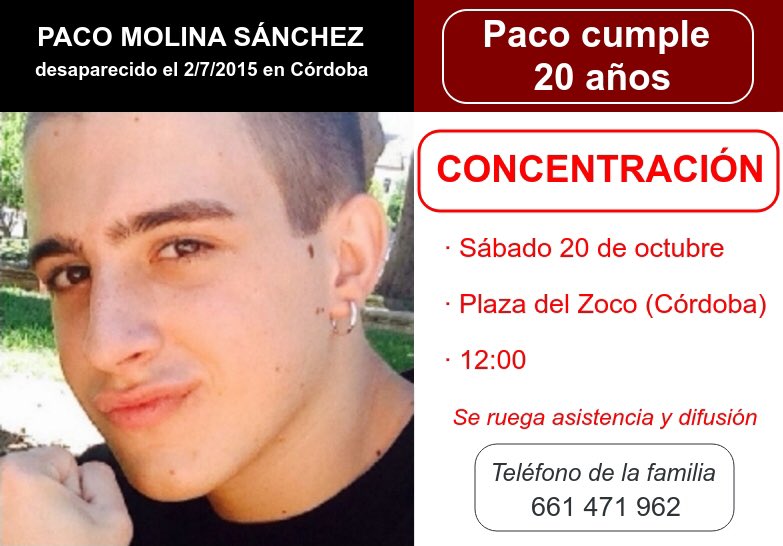 nosfaltaPACO1's tweet photo. CONCENTRACION CUMPLEAÑOS de PACO #desaparecido en Cordoba hace TRES AÑOS sin motivo aparente #buscandoapacomolina Toda informacion del caso Fotos Enlaces las teneis AQUI👇👇
https://t.co/gZs78qrb1u 👈ayúdanos a difundir. Gracias! @Isidromolinaa https://t.co/vcO6HESm8R