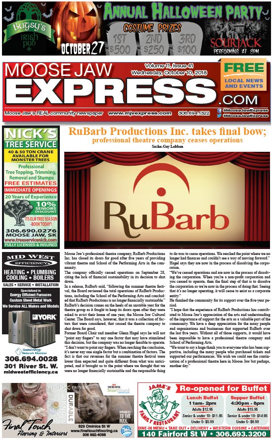 October 10th, 2018 online edition of Moose Jaw Express is now available to view!
moosejawexpress.com