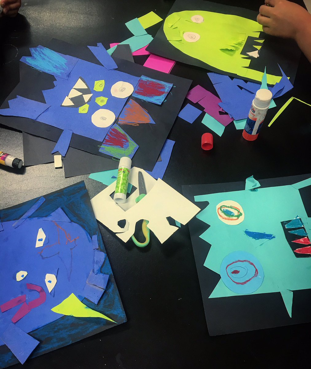 CbeARTstudio's tweet photo. 1st grade learning about organic &amp; geometric shapes while turning their monster sketches into “monster collage” realities! #elementartyart #bukhairbears #cbeartstudio #monstercollage #geometricshapeart #risdconnects #risdgreatness #arteducation #collageart https://t.co/TEqF9RXxbW