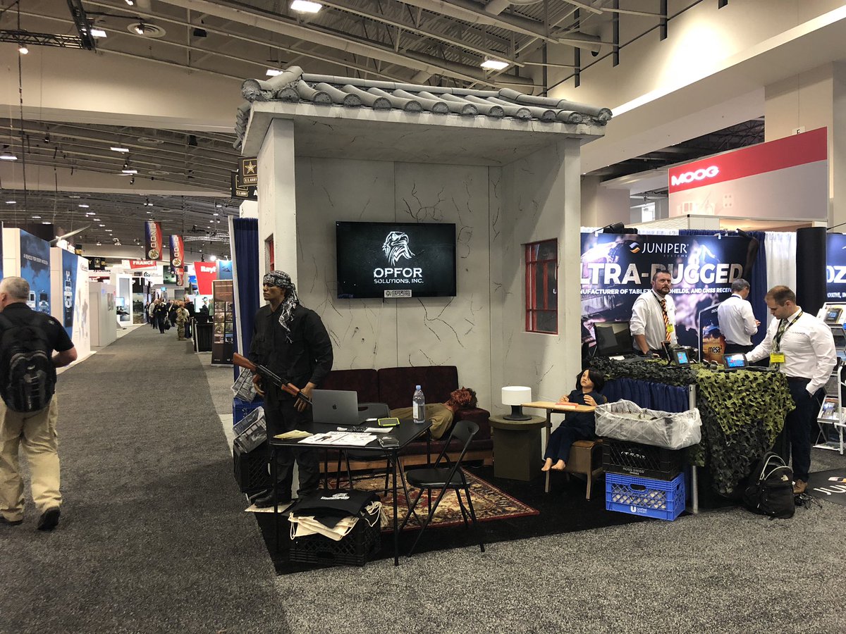 OPFORSolutions's tweet image. Ausa booth show casing the #Rmvh Relocatable Modular Village Hut! #AUSA2018 #atmospherics #trainingprops #setstaging #opforsolutions