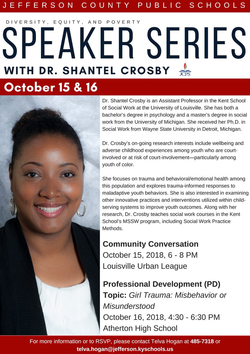JCPSDEP1's tweet photo. Reminder: Our next speaker series Community Conversation will take place on October 15 at 6 p.m. at the Louisville Urban League. Our guest speaker will be Dr. Shantel Crosby from the @uofl @KentSSW. @jdm1906 #wearejcps #jcpsdep https://t.co/lhma0X3HLA