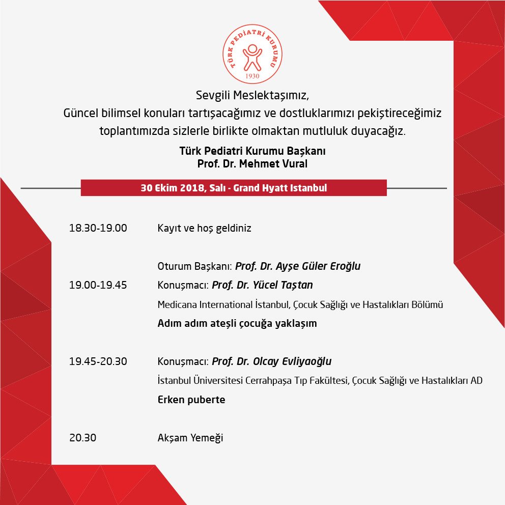 Türk Pediatri Kurumu Akşam Toplantıları'na devam ediyor.
Tarih: 30 Ekim 2018, Salı 18:30
Yer: Grand Hyatt İstanbul
#pediatri #turkpediatri