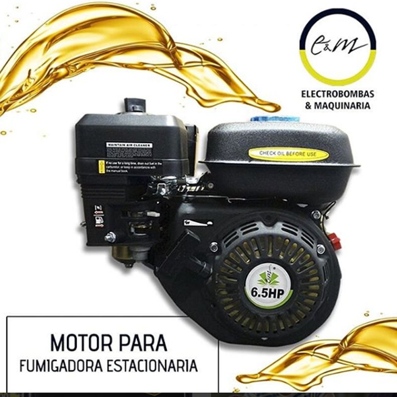 Nuestro motor para 🌿🌿🌿 fumigadora estacionaria E&amp;M, posee gran potencia lo que es ideal para trabajar en grandes dimensiones de cultivos.✔✔✔
Características:
✔ Es a gasolina
 ✔6.5 HP
✔ 4 tiempos
✔ Posee ejes de cuñas