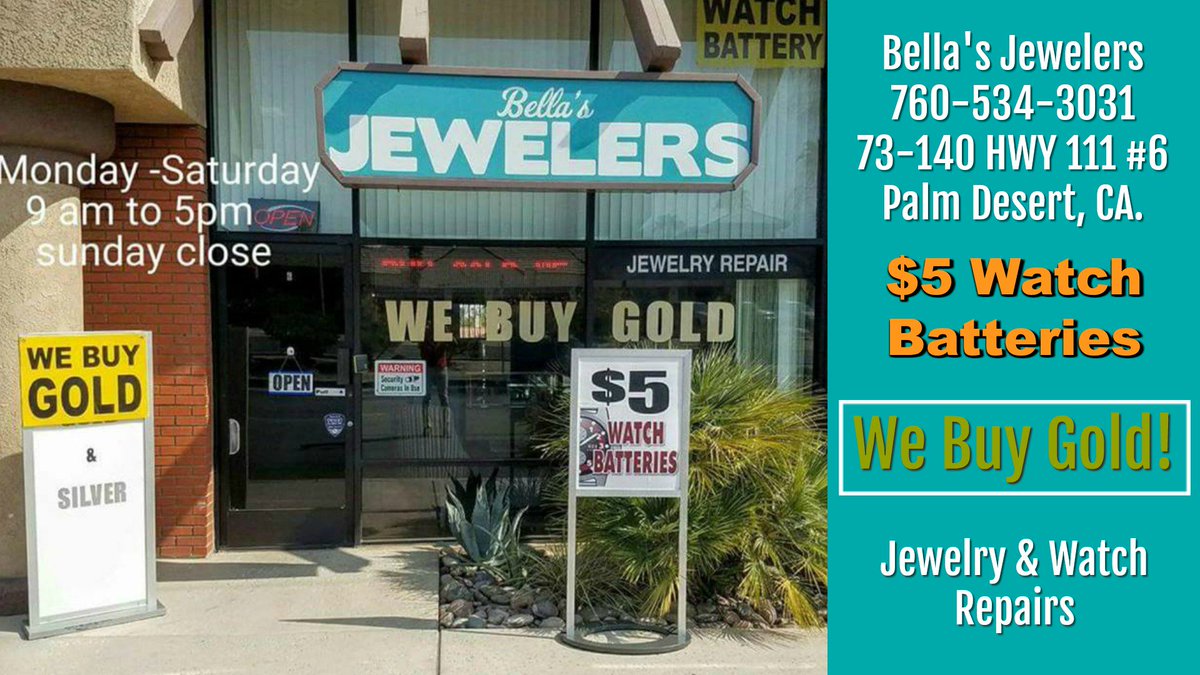 GreenMedia2018's tweet photo. Show this post from your Smartphone or Device and get 10% off already low prices at Bella's Jewelers!

#discount #jewelry #supportsmallbiz #shoplocal #stayawayfromthemall #palmdesert #jewelryrepair

Visit our FB Page! https://t.co/ULFdEzYdqp https://t.co/4Y6USfdZAL