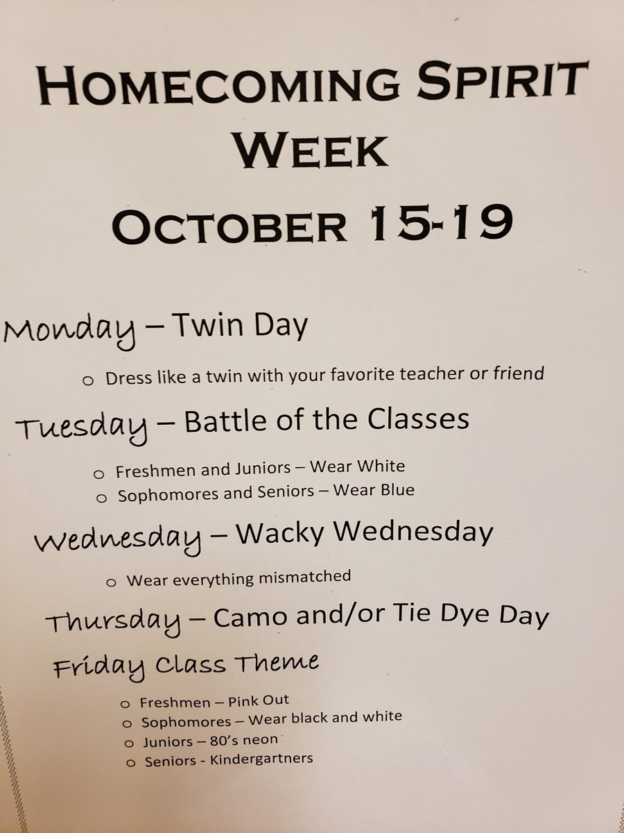 Homecoming spirit week is next week, October 15-19. Be sure to show your school spirit!!! #WeAreAtlee