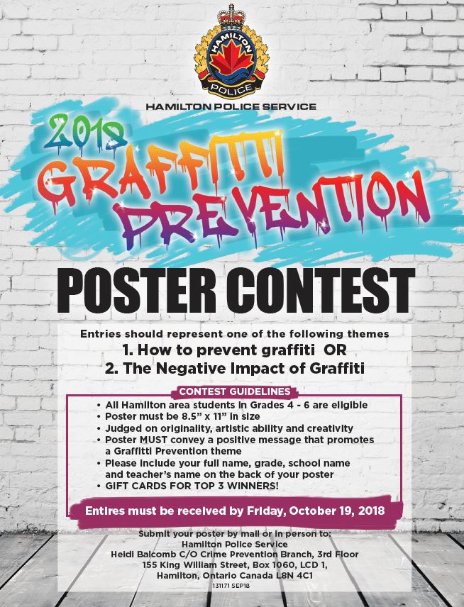 HPSCrimePrevent's tweet photo. .@HamiltonPolice wants to hear from gr 4-6 students in #HamOnt. Part of @HPSCrimePrevent week Nov 4-10, prizes awarded to the top 3 poster winners. 2018 theme is GRAFFITI PREVENTION. Deadline: Oct 19 @HWDSB @HWCDSB @HillStrath @findhopetv @ccshamilton @CSViamonde @cscmonavenir https://t.co/L6XrAUeoeM