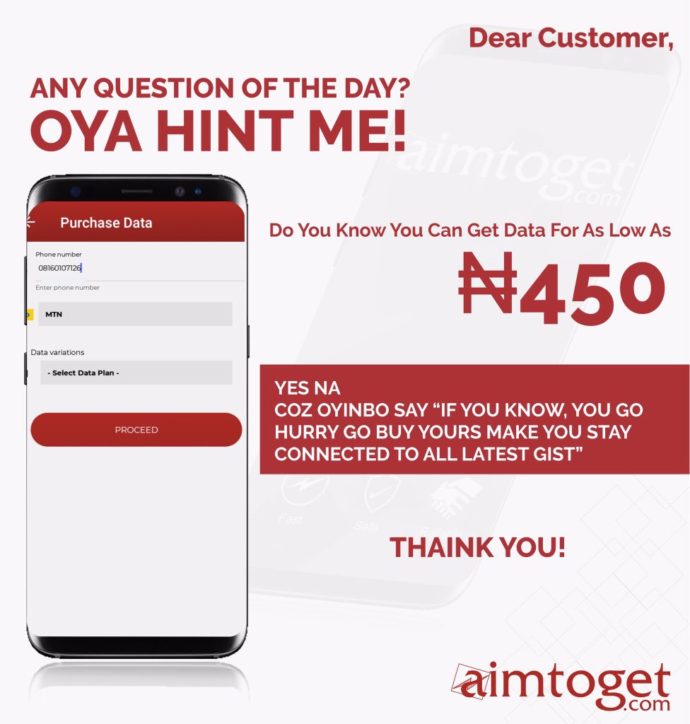 myaimtoget's tweet image. Yeah. It’s on aimtoget. Buy internet data for as low as NGN450 valid for 3months . 

Download “aimtoget” from google playstore or visit aimtoget.com to purchase now 😁

#cheapestdata #databundles #cheapdataplan