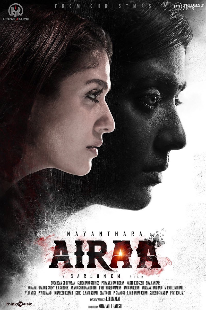 BOCIndia's tweet photo. Presenting the first look poster of #Nayanthara's 63rd film titled #Airaa in Tamil & Telugu. #Christmas2018 release, directed by Sarjun KM. Kotapadi J Rajesh's production marks the first double-role of Nayanthara's career. #Nayan63 #Nayan63FirstLook https://t.co/9fIrhvwtK9