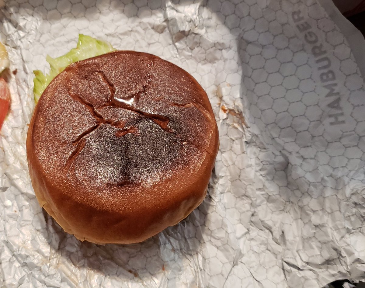 LorenaTaunton's tweet photo. @Wendys I got home with my lunch and this is what I unwrapped.. a squashed burnt bun. 😭 my heart is filled with sadness, and my tummy full o' fries. https://t.co/9dq6tEtVng