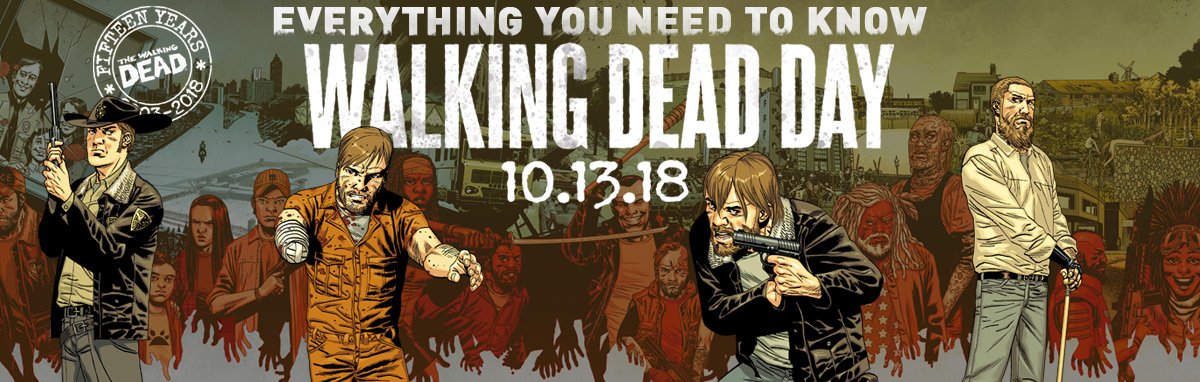 Skybound's tweet photo. We’re celebrating The 15th anniversary of The Walking Dead comic this SATURDAY at a comic shop near you! Check out our handy guide of everything you need to know for #TWD15 Day 2018: https://t.co/zW9ebTT0Um https://t.co/DbFIB0SHx4