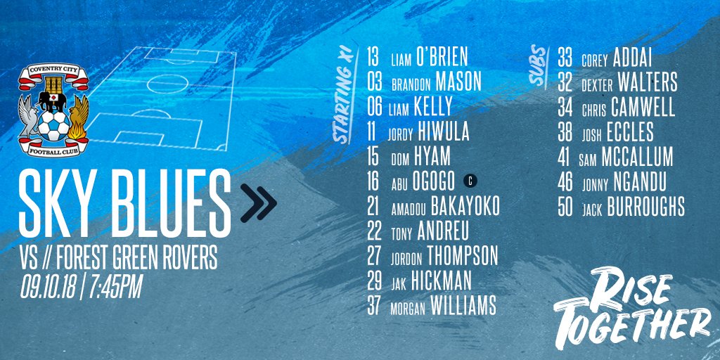 CoventryCityFC's tweet photo. TEAM NEWS: #SkyBlues make ten changes from the weekend, with a debut for Jak Hickman and a first start for Morgan Williams. #PUSB https://t.co/KY9ivPIJb2