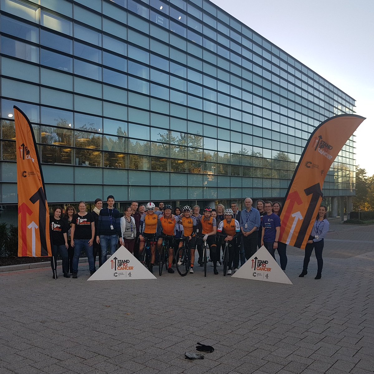AliBarbuti's tweet photo. Well done to the #SUTCcycle team arriving @CRUK_MI based @AlderleyPark this evening for @StandUp2C Text Cycle5, Cycle10 or Cycle20 to 70404 to donate £5, £10 or £20 to @StandUp2C #Manchester #NorthWest @CRUKManchester @CRUKEventsNW https://t.co/w2VAyYWLe2