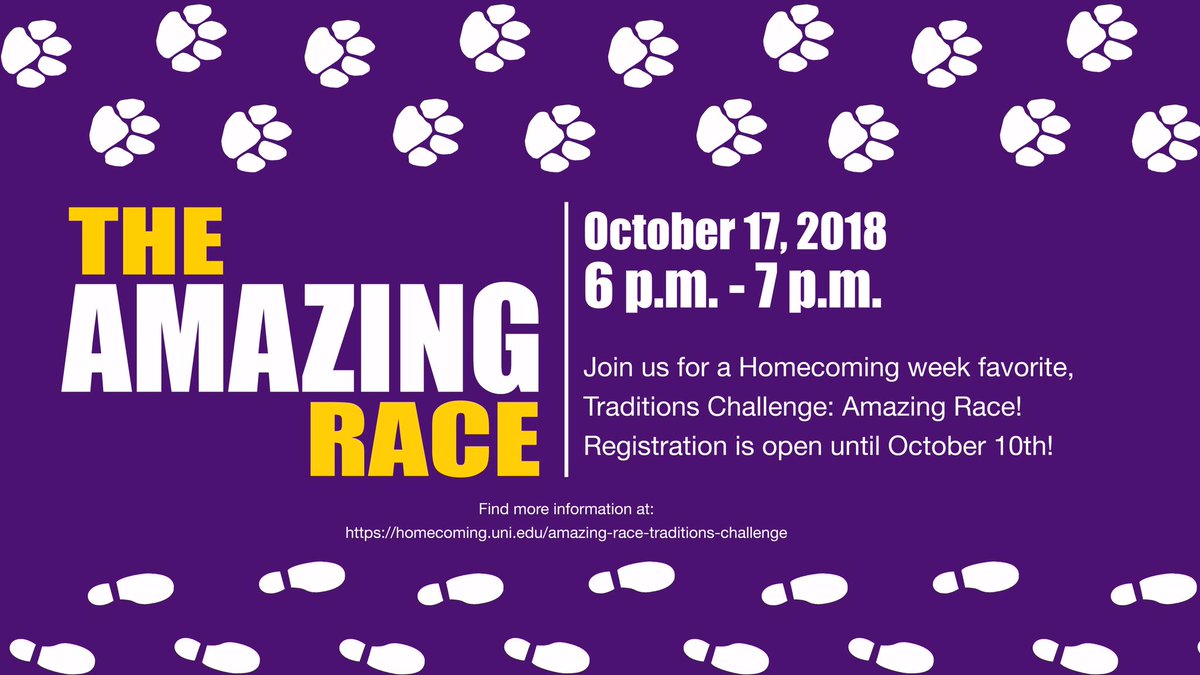 CatsUNI's tweet photo. **THE DEADLINE HAS BEEN EXTENDED TO OCTOBER 12th AT NOON!**

MARK YOUR CALENDERS! The Amazing Race is October 17th from 6-7pm! Check some traditions off your list while having fun with friends! Get a team together today! https://t.co/QTEaaHrmdV