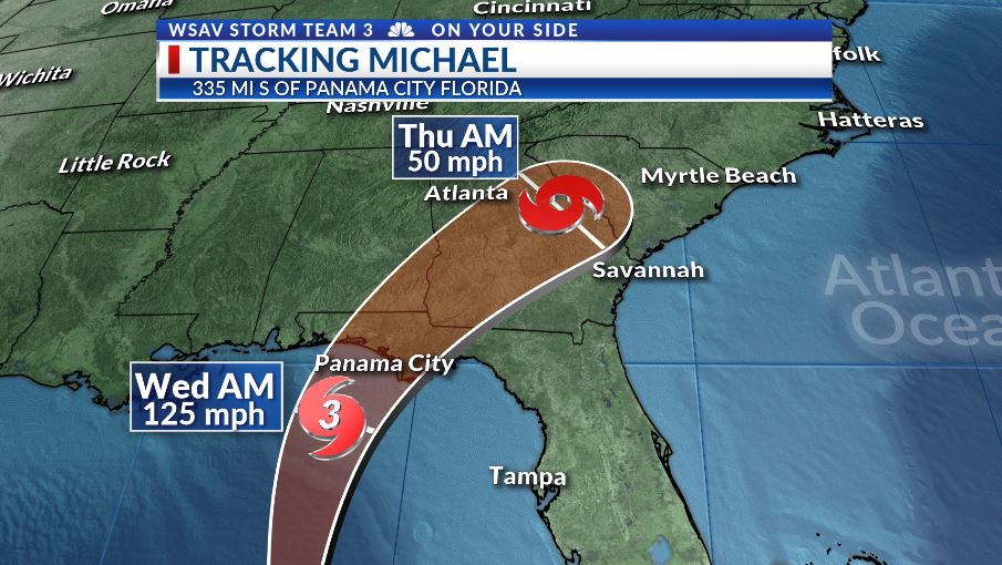 LeeHaywoodWX's tweet image. MICHAEL 2PM TUESDAY UPDATE

The eye of dangerous #Michael is moving north over the eastern Gulf. Tropical storm watches for our area except warnings for #Appling, #Bacon &amp;amp; #JeffDavis counties. Upgrade to warnings other areas likely.

@WSAV @WSAVKrisA @KyleDennisWx @WSAVAlysaC