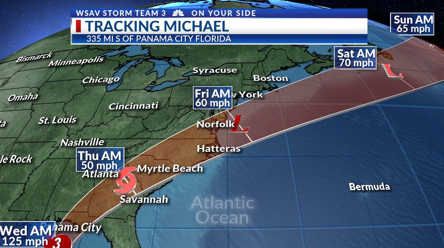 LeeHaywoodWX's tweet image. MICHAEL 2PM TUESDAY UPDATE

The eye of dangerous #Michael is moving north over the eastern Gulf. Tropical storm watches for our area except warnings for #Appling, #Bacon &amp;amp; #JeffDavis counties. Upgrade to warnings other areas likely.

@WSAV @WSAVKrisA @KyleDennisWx @WSAVAlysaC