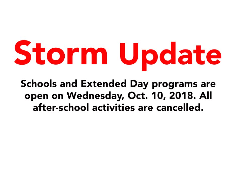 DuvalSchools's tweet photo. School will be open on Wednesday, Oct. 10. Extended Day programs are also operating as normal. However, all after school activities including athletics, clubs and other programs are cancelled. We will continue to keep you posted if there are any changes to school operations. https://t.co/pQLGN5HjNI