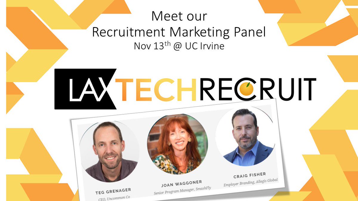 TechRecruitConf's tweet photo. Meet our #RecruitmentMarketing Speakers @LAXTechRecruit Nov 13th &amp; #WinHiring Register Today: https://t.co/vhj5OOsIOJ  @grenager, #Uncommon #JoanWaggoner @SmashFly, @Fishdogs @AllegisGlobal
#Recruiting #Hiring #TalentAcquisition #TalentConnect #HRTech #LAXTechRecruit https://t.co/QgVoaJHbCY