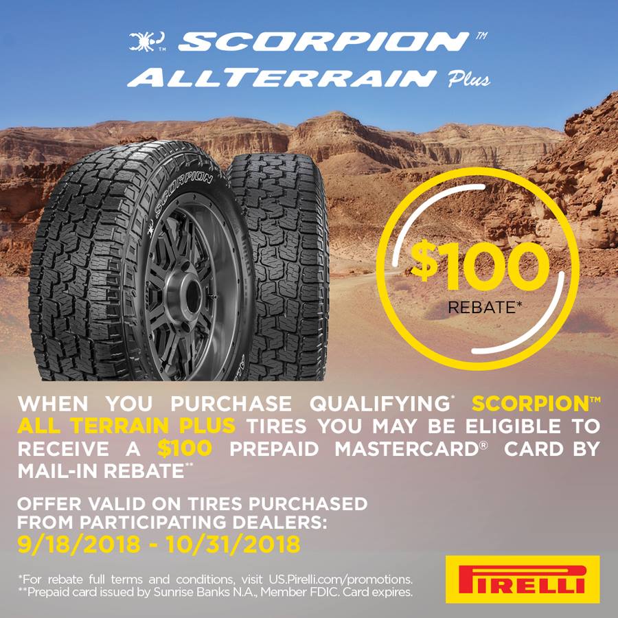 onlinetires_com's tweet photo. Get $100 from Pirelli when you purchase a set of 4 new Scorpion All-Terrain Plus Tires!

Full details here: https://t.co/mpG45atKIT

#tires #onlinetires #pirelli #tiretuesday https://t.co/ePxlIbw1i0