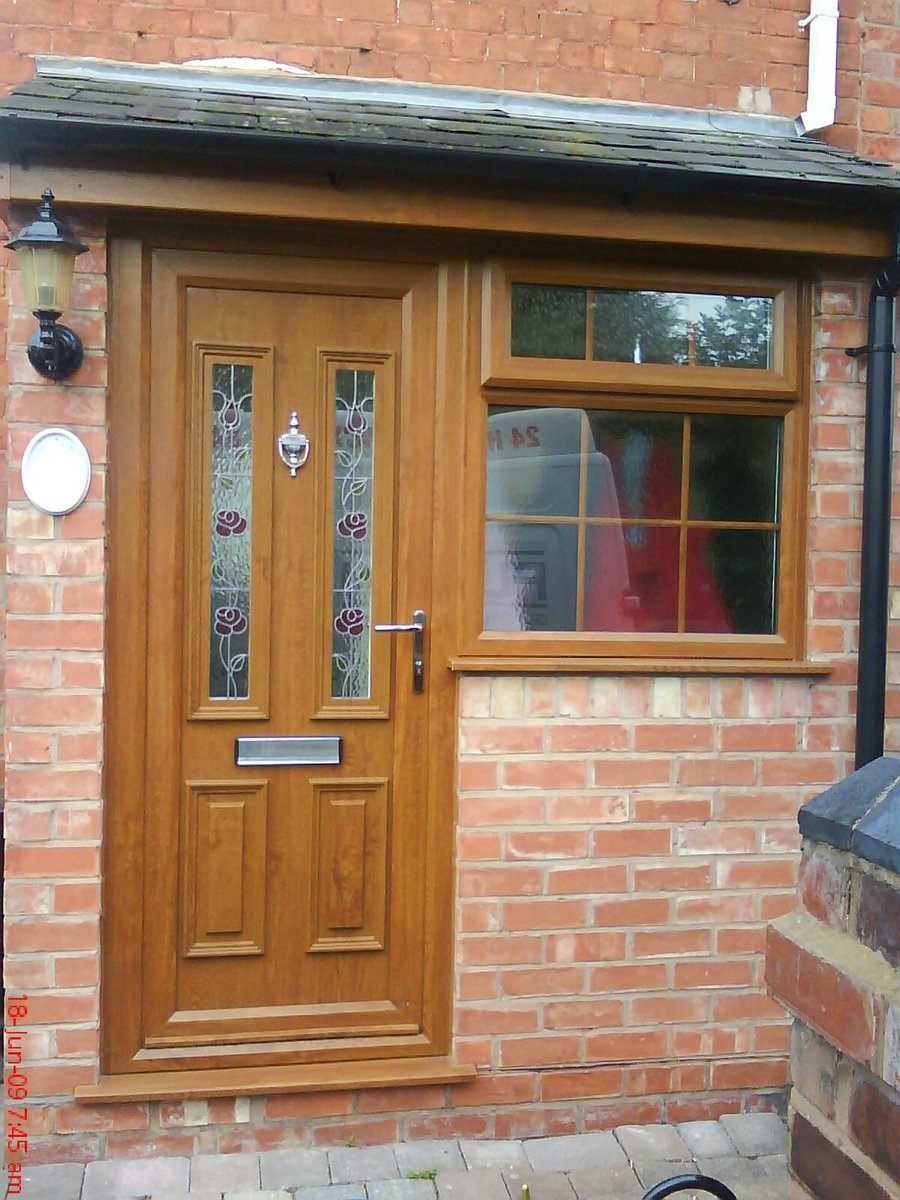 Fusion_Windows's tweet image. Golden oak Upvc door and cottage window with matching facia and cast iron effect guttering