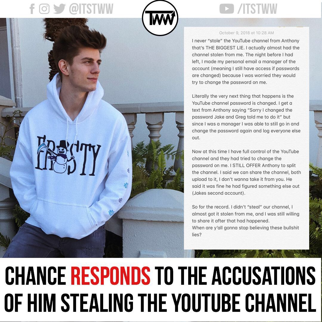 itstww's tweet photo. π³ @imchancesutton denies the accusations by @jakepaul that he stole the YouTube channel from @imanthonytruj with receipts -
#tww #youtube #jakepaul #team10 #erikacostell #chancesutton #anthonytrujillo #youtubedrama #shanedawson #documentary #jakepaulers https://t.co/qKVPpzpzaW