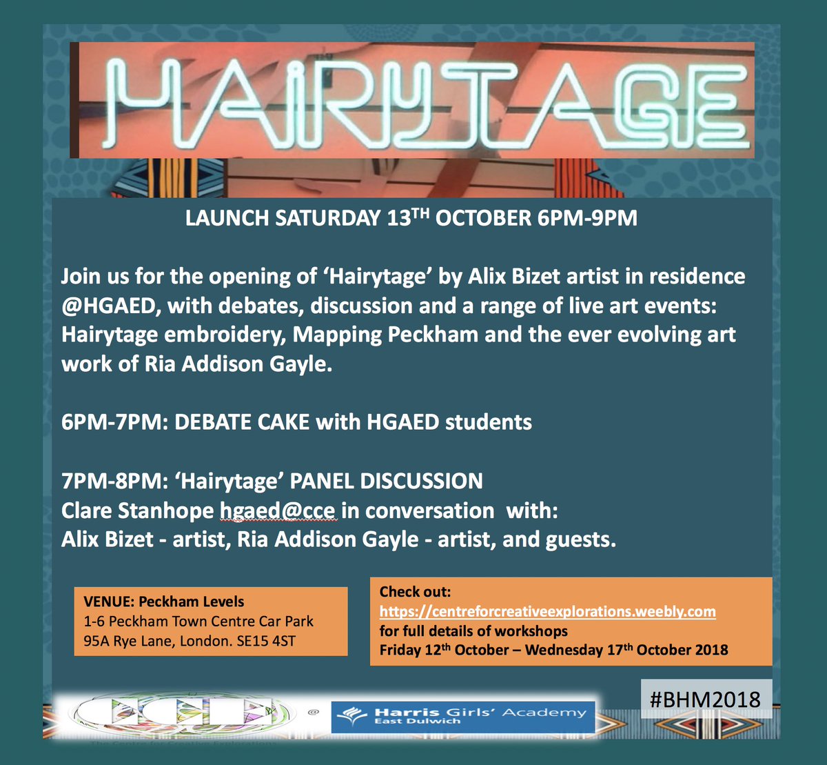 CCEatHGAEDART's tweet photo. So delighted Dr.Camilla Stanger is joining our Hairytage discussion this Saturday! Come down to @peckhamlevels 6pm-9pm for debates, live art making, mapping and chatting! @HarrisGirlsED @mrs_senior #creativeexplorations #pupilvoice #artmatters #peckham #gentrification https://t.co/1Dkz1mf6vz