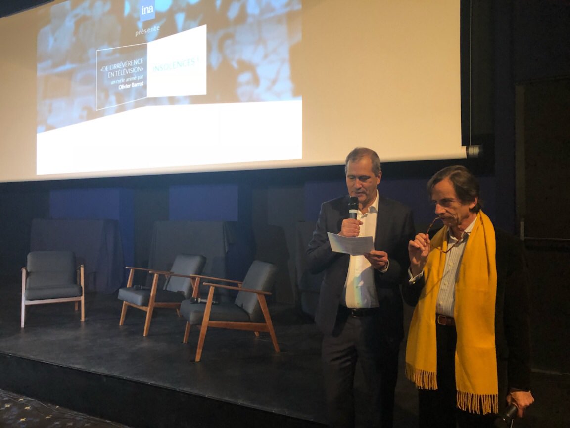 laurent_vallet's tweet image. Lancement au Cinéma Le St-Germain du nouveau cycle proposé par @Ina_audiovisuel "De l'irrévérence en TV" animé par #OlivierBarrot. Ce soir petite histoire de l'#insolence à la #télé avec nos invités @ribes_jm @bgaccio #RenéBonnell #PierreLeroux #PascalOry