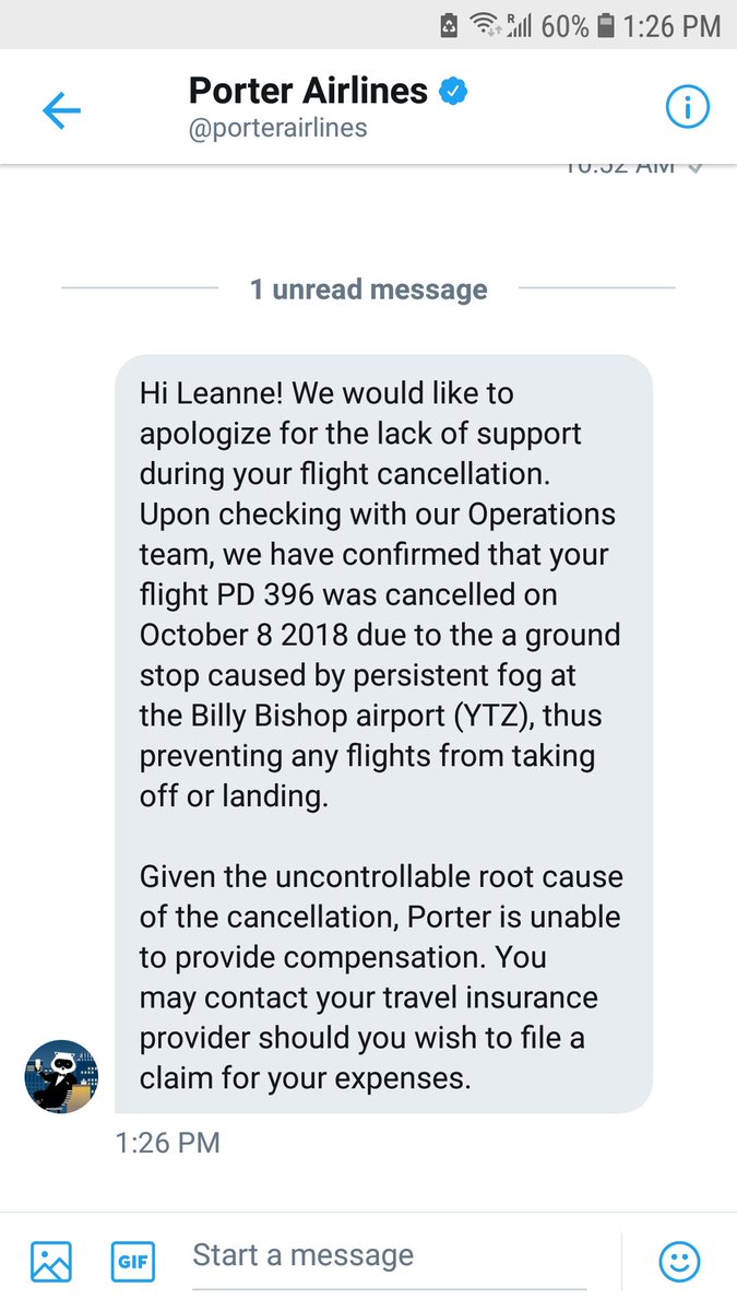 leannechiz's tweet image. @porterairlines asked me to DM them for no reason. The cancellation of my flight and not rebooking for 24 hours caused me to miss a day of work, pay for my own hotel, food, transport etc. Lost 2+ hours waiting for customer service to offer nothing. Customer lost. #PorterFail
