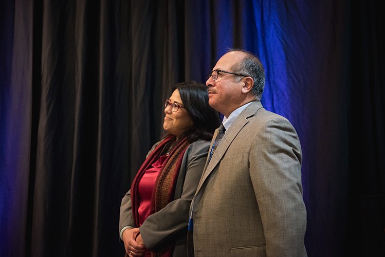 Kansas_Housing's tweet photo. .@cityoftopeka Mayor Michelle De La Isla @Dasharyl hosted this year's Ad Astra Awards ceremony. KHRC Executive Director Dennis Mesa congratulated the winners. #KHC2018 https://t.co/aFI6TBwJQn